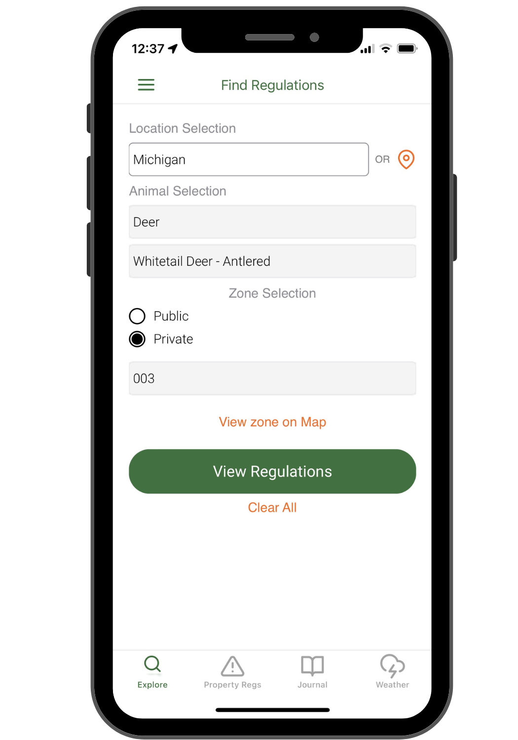Example of finding regulations with the mobile app
