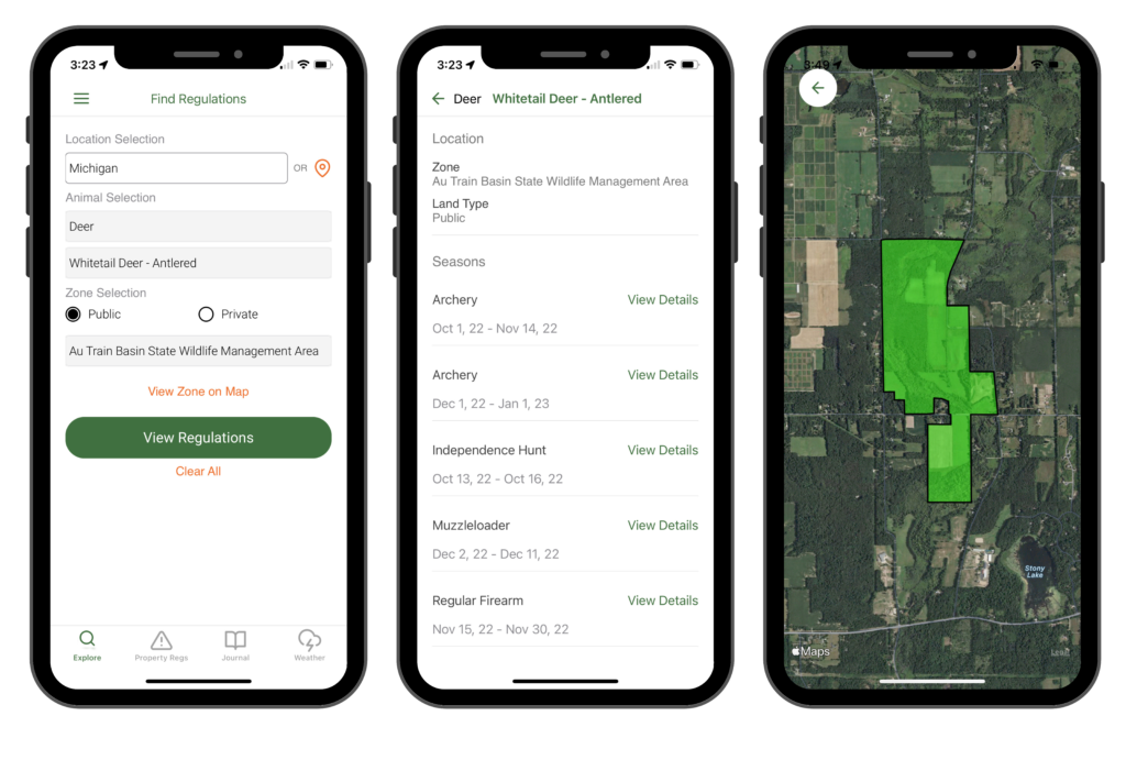 Example of pin drop regulations search with the Hunt Regs hunting app