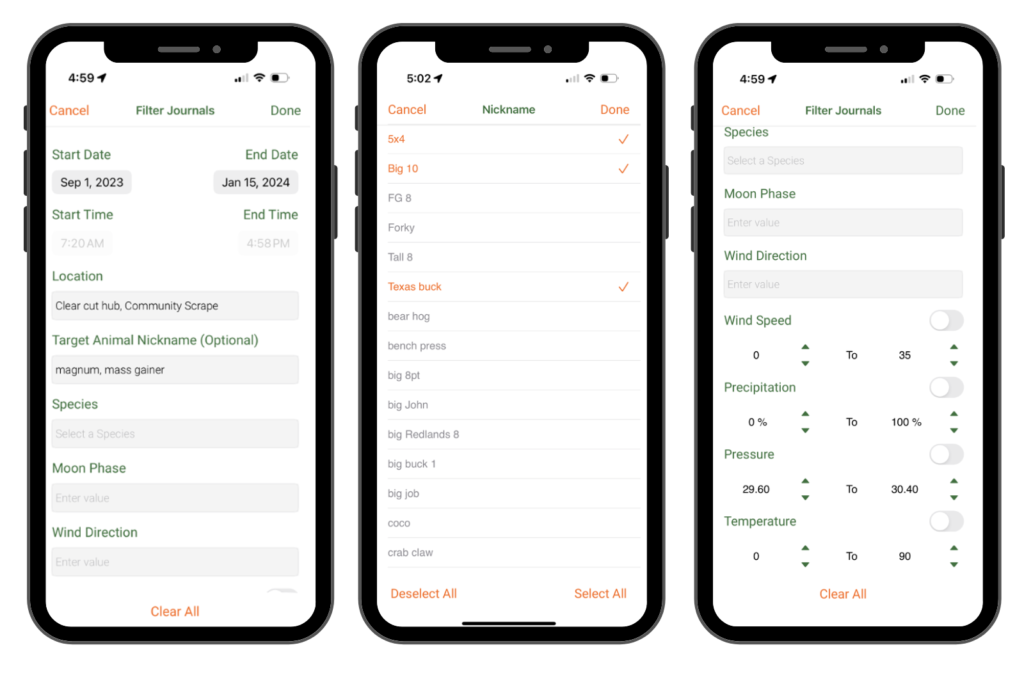 This is an example of what filtering hunting journals looks like on the app